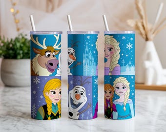 Adesivo para copo térmico de 590ml (20oz) Princesa do Inverno – Design de Rainha da Neve e Boneco de Neve Fofo, Desenho Animado de Natal em PNG, Sublimação
