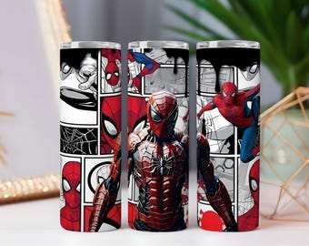 Adesivo per bicchiere termico Red Web Hero, formato PNG, download digitale, 20 oz, dritto e affusolato, per sublimazione, design in stile fumetto.