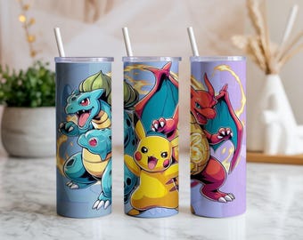 Adesivo para copo térmico de 590ml com design de criatura elétrica e de fogo, estilo desenho animado/fantasia (PNG) - Batalha de Monstros Fofos