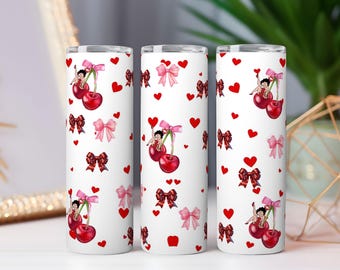 Embalagem para copo de cereja retrô pin-up PNG | Design de sublimação com laços de corações vintage 20 oz 30 oz reto e cônico