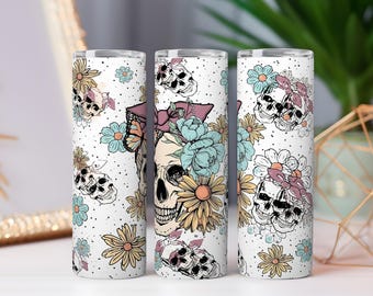 Envoltório de copo de caveira floral PNG – Download digital sem emenda de 20 onças, design de borboleta gótica vintage para sublimação