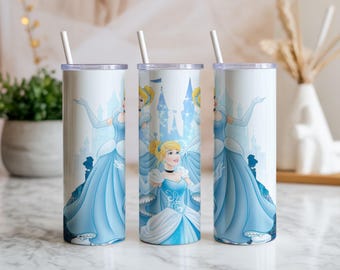 Adesivo PNG para copo térmico Princesa Azul, Sublimação para copo fino de 590ml, Adesivo para copo de conto de fadas, Design de castelo mágico, Download instantâneo