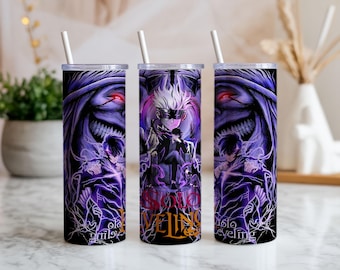 Adesivo PNG para copo térmico estilo anime sombrio, 590ml, design fino para sublimação, estampa de fantasia de poder sombrio, copo com estética roxa, download instantâneo.