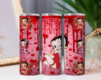 Copo de 20 oz com estampa de garota pinup fofa PNG | Traje vermelho retrô | Design de copo para o Dia dos Namorados | Download por sublimação digital