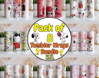 Pacote com 8 adesivos para copos térmicos de 590ml com estampa de cachorro de desenho animado, fofos corações para sublimação, rosa romântico, modelo fino, em formato PNG para download.