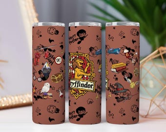 Geïnspireerd Harry Tumbler Wrap PNG-ontwerp – Magisch leeuwenwapen, toverstaf en toversymbolen – 20oz digitale download