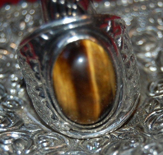 Hammered Silver Tiger Eye Cabochon Ring Hand Made