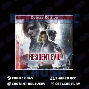 May include: A digital game cover for "Resident Evil: Requiem Deluxe Edition" featuring a woman and two men in a rain-swept scene. The game title is in bold red letters. Additional text includes "For PC Only", "Instant Delivery", "Shared Acc", and "Offline Play".