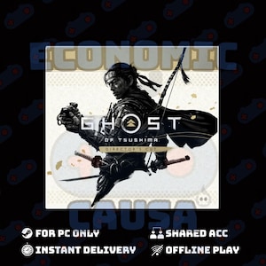 以下が含まれることがあります： PC版「Ghost of Tsushima: Director's Cut」のプロモーション画像。 白黒イラストで、刀と弓を持つ侍の戦士が描かれています。 ゲームタイトルが大きく表示されています。 追加テキストには「FOR PC ONLY」と「INSTANT DELIVERY」が含まれています。