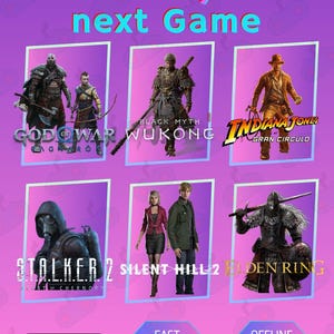 May include: A promotional graphic with the text "Choose your next Game" in pink and blue. The image features game titles like "God of War," "Black Myth Wukong," "Indiana Jones," "Stalker 2," "Silent Hill 2," and "Elden Ring."