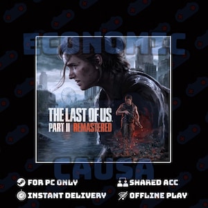 May include: The Last of Us Part II Remastered game cover art. The image features a woman's profile and a smaller figure holding a gun. The game title is prominently displayed. The background is a cityscape with a Ferris wheel.