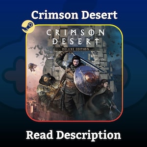 Op de afbeelding: Promotieafbeelding voor "Crimson Desert Deluxe Edition" met een krijger die een zwaard en schild vasthoudt. De afbeelding heeft een donker fantasiethema met de tekst "Read Description" onderaan.