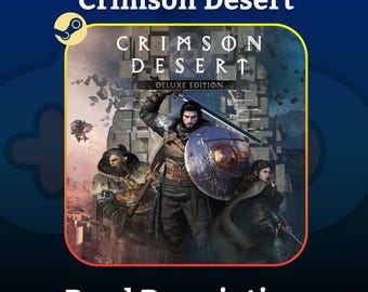 Può includere: Immagine promozionale per "Crimson Desert Deluxe Edition" con un guerriero che tiene una spada e uno scudo. L'immagine ha un tema fantasy oscuro con il testo "Read Description" in basso.