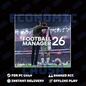 Könnte beinhalten: Werbebild für Football Manager 26. Das Bild zeigt zwei Figuren auf einem Fußballfeld, mit dem Titel und der Nummer des Spiels. Zusätzlicher Text enthält "For PC Only", "Instant Delivery", "Shared Acc" und "Offline Play".