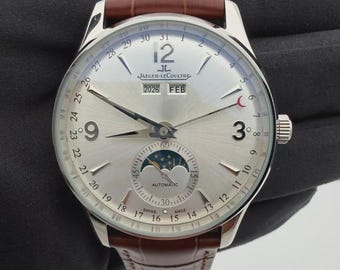 Jaeger-LeCoultre Style Master Calendar Watch – Moonphase Automatic Watch – Brown Leather Strap Luxury Dress Watch for Men