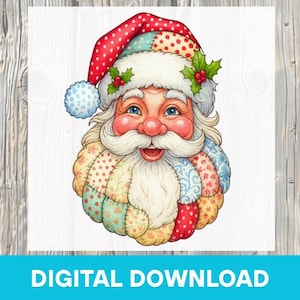May include: A colorful illustration of Santa Claus with a patchwork beard and hat. The hat is red with white polka dots and a white trim. The beard is made of various patterned fabrics. The image includes the text "DIGITAL DOWNLOAD" at the bottom.