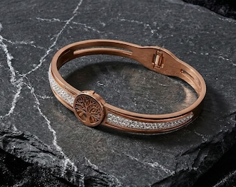 Tree of Life Bracelet Bangle with Crystals | Stainless Steel Hinged Bangle