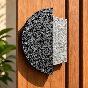 May include: A semi-circular door handle featuring a textured black finish on the curved portion and a rectangular silver section with a rough, granular surface. The handle is mounted vertically on a light brown wooden door with vertical paneling.