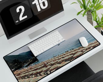 Italian Beach l Coastal Beach Scene Desk Mat | Seaside Umbrellas, Ocean View Mousepad