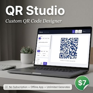 May include: A laptop displaying the QR Studio custom QR code designer software interface. The screen shows a blue QR code preview, content input fields, and style settings. Text on screen includes QR Studio, Custom QR Code Designer, and No Subscription.