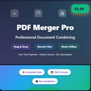 May include: A digital interface for "PDF Merger Pro," a document combining application. The design features a dark blue and teal gradient background with white text. Key features include drag and drop, reorder files, and offline functionality.