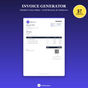 May include: A digital invoice template document titled INVOICE GENERATOR featuring a professional layout with sections for company details, billing information, a line-item table, a QR code, and a signature line on a dark blue background.