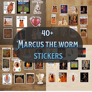 May include: A collection of over 40 stickers featuring the character "Marcus the Worm." The stickers showcase various designs, including phrases like "You're Ruining the Vibe" and "Rigatoni Pasta." The stickers are in various shapes and sizes, with a wooden background.