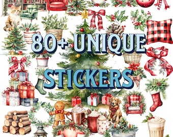 May include: A collection of watercolor Christmas-themed stickers featuring a cat, a red armchair, a Christmas tree, mugs, ornaments, a plaid pillow, gifts, a gingerbread man, a dog, a fireplace, and a lantern with the text 80+ UNIQUE STICKERS.