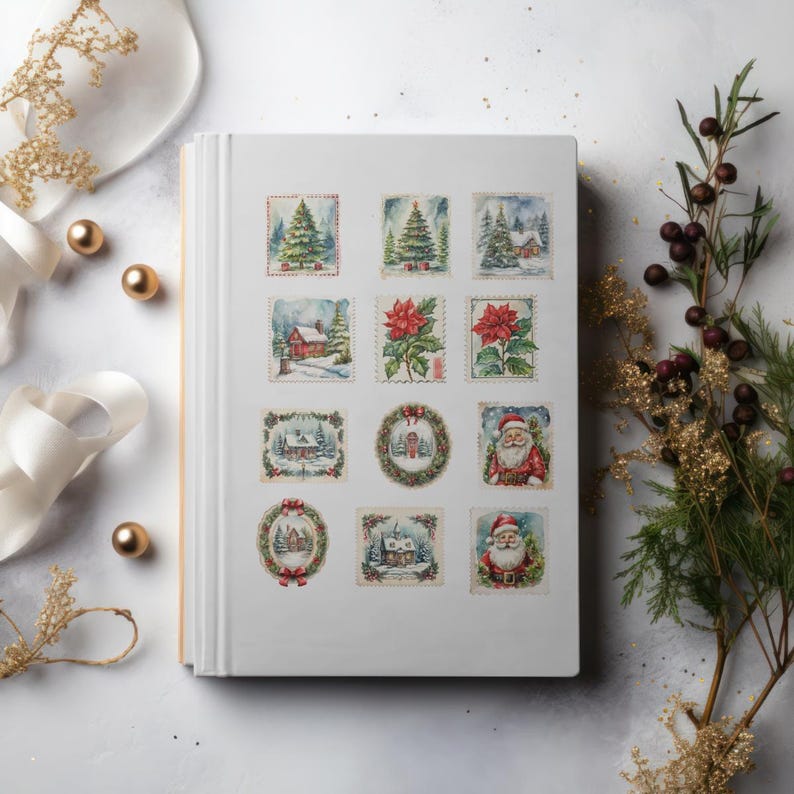 Vintage Christmas Stamp Stickers | Rustic Holiday Planner Stickers | 12 ...