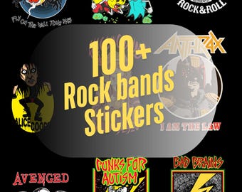 May include: A collection of rock band stickers featuring logos and graphics from bands like AC/DC, Aerosmith, and Bad Brains. The image includes the text "100+ Rock bands Stickers" in yellow, with various designs on a black background.