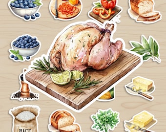 May include: A collection of food stickers featuring a roasted chicken on a wooden board, blueberries in a bowl, sliced bread, bell peppers, a sack of rice labeled RICE, a pepper mill, cheese, butter, parsley, and fresh green bay leaves.
