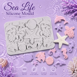 Könnte beinhalten: Eine hellgraue, rechteckige Silikonform mit verschiedenen Meeresbewohnern wie Delfinen, Seesternen, Meeresschildkröten, Seepferdchen und Muscheln. Der Text Sea Life Silicone Mould ist oben aufgedruckt, mit Symbolen und Text am unteren Rand.