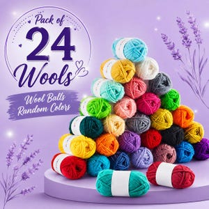 May include: A pyramid of 24 colorful wool balls in various shades, including teal, yellow, pink, and purple, arranged on a purple platform. The image includes text that reads "Pack of 24 Wools" and "Wool Balls Random Colors."