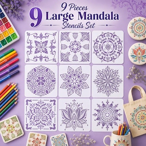 May include: A set of nine large mandala stencils in purple, featuring various detailed patterns. The image also shows watercolour paints, coloured pencils, and a tote bag with a mandala design. Text reads "9 Pieces Large Mandala Stencils Set."