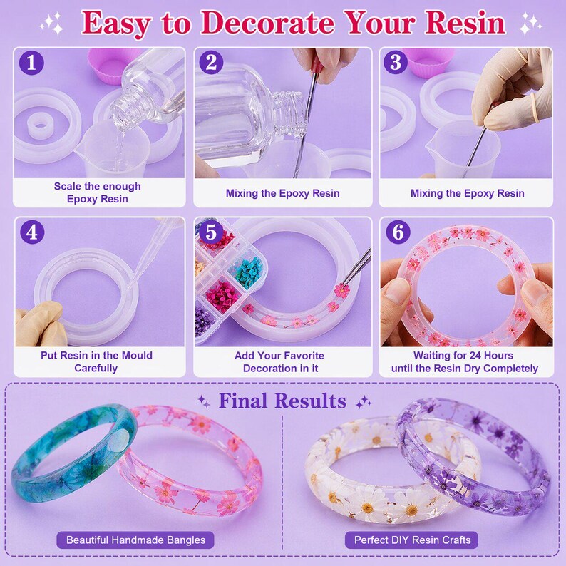 May include: A step-by-step guide for resin crafts. The image shows the process of making resin bangles, from mixing epoxy resin to adding decorations and waiting for the resin to dry. The final results are colorful, floral bangles.