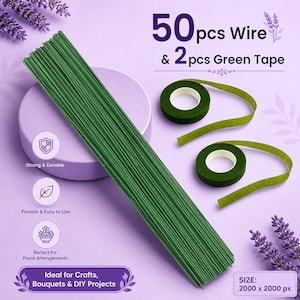 Puede incluir: Juego de alambre y cinta floral verdes. La imagen muestra 50 alambres verdes y 2 rollos de cinta floral verde. El texto de la imagen dice "Ideal para manualidades, ramos y proyectos de bricolaje."