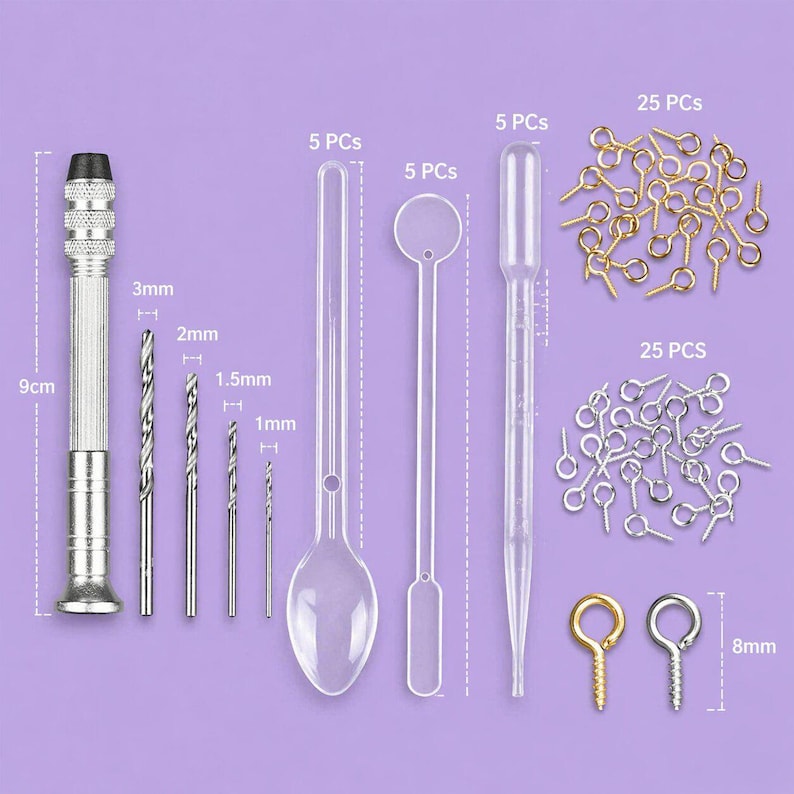 May include: A craft kit with various tools and accessories. Includes a 9cm hand drill, drill bits (1mm, 1.5mm, 2mm, 3mm), clear plastic spoons, stirrers, droppers, and eye pins (gold and silver).