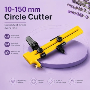 May include: A yellow and black circle cutter with the text "10-150 mm Circle Cutter". The cutter is adjustable from 10 mm to 150 mm and has a precise, sharp blade. The image also includes icons for easy use, durability, and high-quality material.