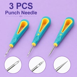 Pode incluir: Três agulhas de perfuração com cabos turquesa e detalhes amarelos. O texto "3 PCS Punch Needle" está no topo. As agulhas têm um eixo longo e prateado e um pequeno orifício. A imagem inclui close-ups das pontas das agulhas.