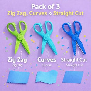 May include: A set of three colorful scissors for crafting, labeled "Zig Zag", "Curves", and "Straight Cut". Each pair is a different color: green, blue, and dark blue. The image also shows examples of the cuts.