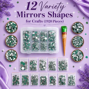 Peut inclure: Un kit d'artisanat avec 12 variétés de formes de miroirs vertes et argentées. Le kit comprend un organisateur en plastique transparent, de petits sacs et des éléments décoratifs. Le texte indique "12 Variety Mirrors Shapes for Crafts (1920 Pieces)".