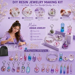 May include: DIY resin jewelry making kit with step-by-step instructions. The image shows a woman making jewelry with resin, dried flowers, and glitter. The finished products include necklaces, keychains, and bracelets.