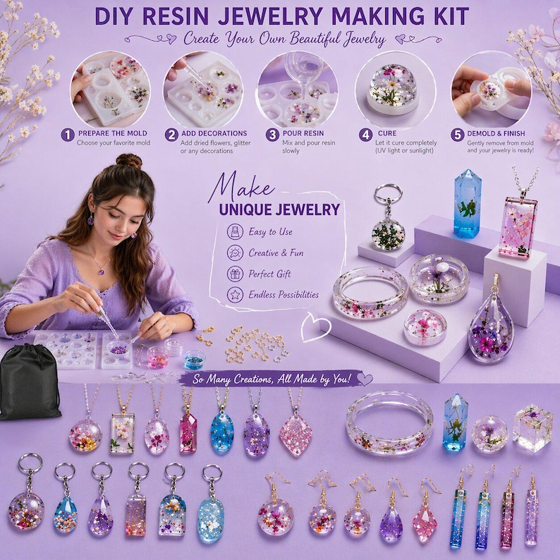 May include: DIY resin jewelry making kit with step-by-step instructions. The image shows a woman making jewelry with resin, dried flowers, and glitter. The finished products include necklaces, keychains, and bracelets.