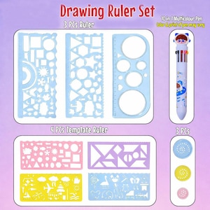 May include: A drawing ruler set with blue plastic rulers of various shapes and sizes, including circles and geometric templates. The set also includes a 10-in-1 multi-colour pen. Ideal for drawing and crafting projects.