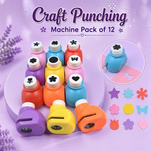 May include: A set of craft punching machines in various colours, including pink, blue, orange, yellow, and purple. The image shows a pack of 12 machines, with the text "Craft Punching Machine Pack of 12". The punches create shapes like stars, flowers, and hearts.