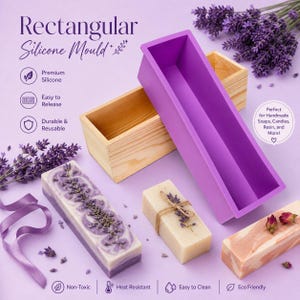 May include: A purple rectangular silicone mould and a wooden mould, with handmade soaps decorated with lavender. The image includes the text "Rectangular Silicone Mould" and icons for premium silicone, easy release, and durability. Soaps are decorated with lavender.