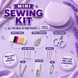 Può includere: Un mini kit da cucito lilla con la scritta "MINI SEWING KIT". Include filo, infila-aghi, mini forbici, aghi con perle, aghi, bottoni, una clip e una spilla. Compatto e portatile, perfetto per i viaggi.