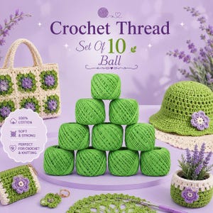 Puede incluir: Un conjunto de 10 ovillos de hilo de ganchillo verdes dispuestos en pirámide. La imagen incluye el texto Crochet Thread Set Of 10 Ball, 100% cotton, soft & strong y perfect for crochet & knitting. Incluye un bolso, un sombrero y un estuche.