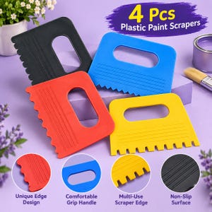May include: A set of 4 plastic paint scrapers in black, blue, red, and yellow. Each tool features a rectangular handle cutout, a flat body with horizontal line detailing, and a serrated edge. The text 4 Pcs Plastic Paint Scrapers is visible.