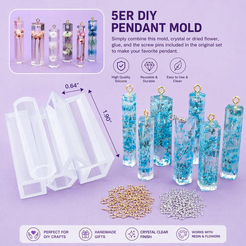 May include: A DIY pendant mold set with clear rectangular molds, filled pendants with dried flowers, and gold and silver chains. The molds are 1.90 inches long and 0.64 inches wide. The text says "5ER DIY PENDANT MOLD".
